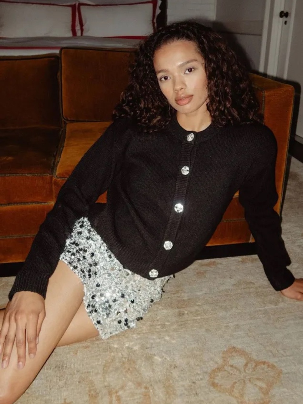 SHOW ME YOUR MUMU Rhinestone Button Black Knit Maggie Cardigan Sweater XS NWT - Picture 1 of 6